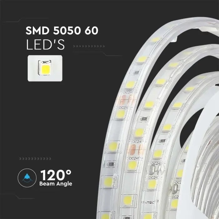 Price for 5m_10W/m(830Lm/m) 0.42A/m 60 LED Tape, V-TAC, waterproof IP65, 24V, cold white light 6500K