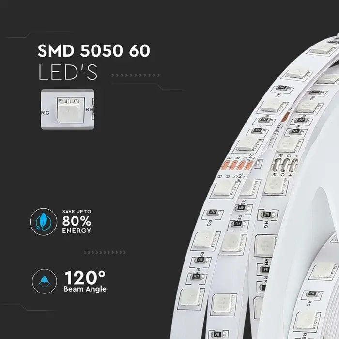 Cena par 1m_7W/m(830Lm/m) 0.42A/m 60 LED Lente, V-TAC, ūdensnedroša IP20, 24V, RGB krāsaina