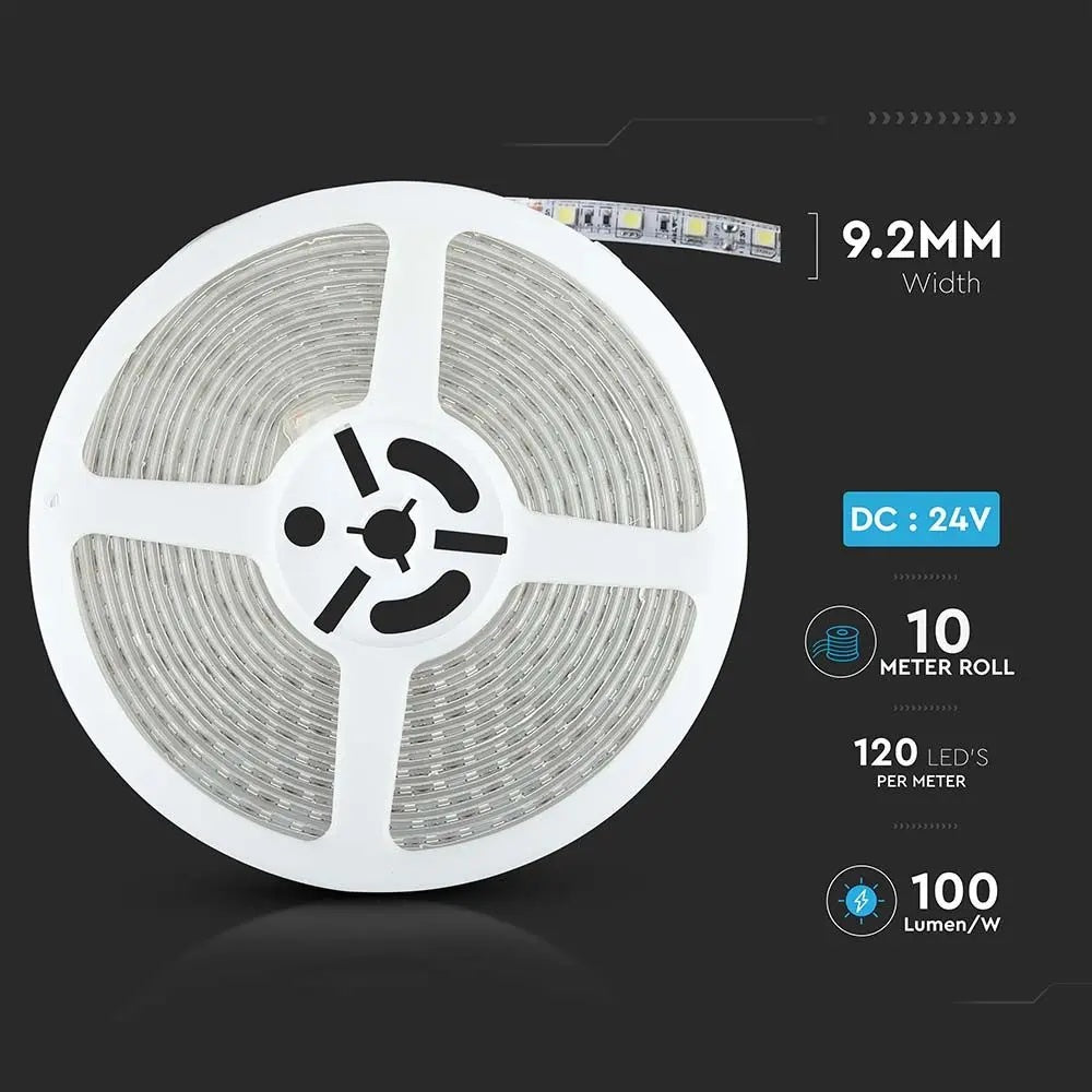 Cena par 10m_8W/m(750Lm/m) 0.31A/m LED Lente, V-TAC, ūdensdroša IP65, 24V, neitrāli balta gaisma 4000K