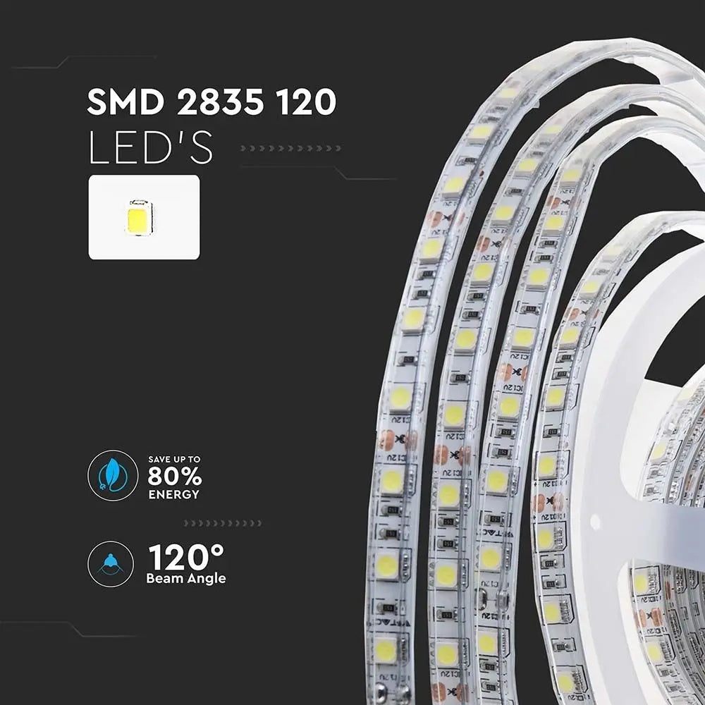 Cena par 10m_8W/m(750Lm/m) 0.31A/m LED Lente, V-TAC, ūdensdroša IP65, 24V, auksti balta gaisma 6400K
