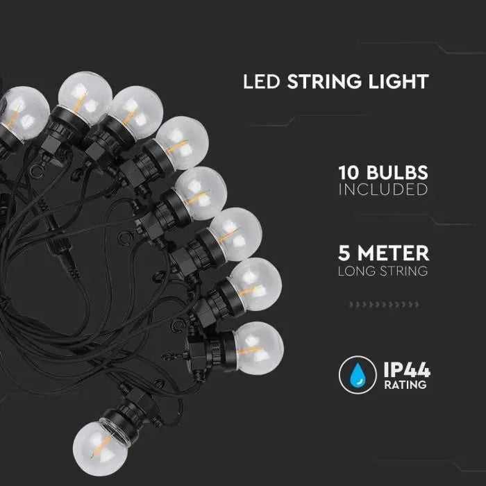 Светодиодная гирлянда 5 м с 10 лампочками через каждые 50 см 0,4 Вт/лампочка (550 лм), V-TAC, IP44, 270°, теплый белый свет 3000K