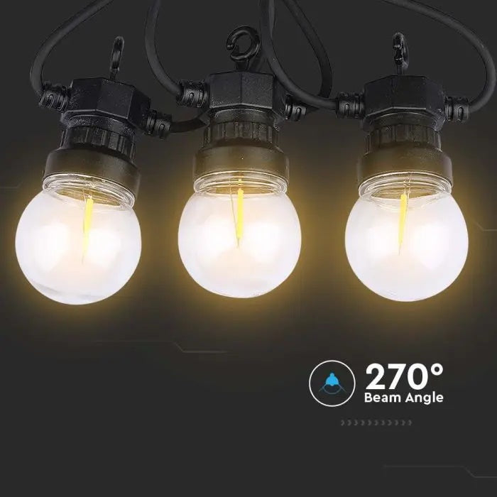 Светодиодная гирлянда 5 м с 10 лампочками через каждые 50 см 0,4 Вт/лампочка (550 лм), V-TAC, IP44, 270°, теплый белый свет 3000K