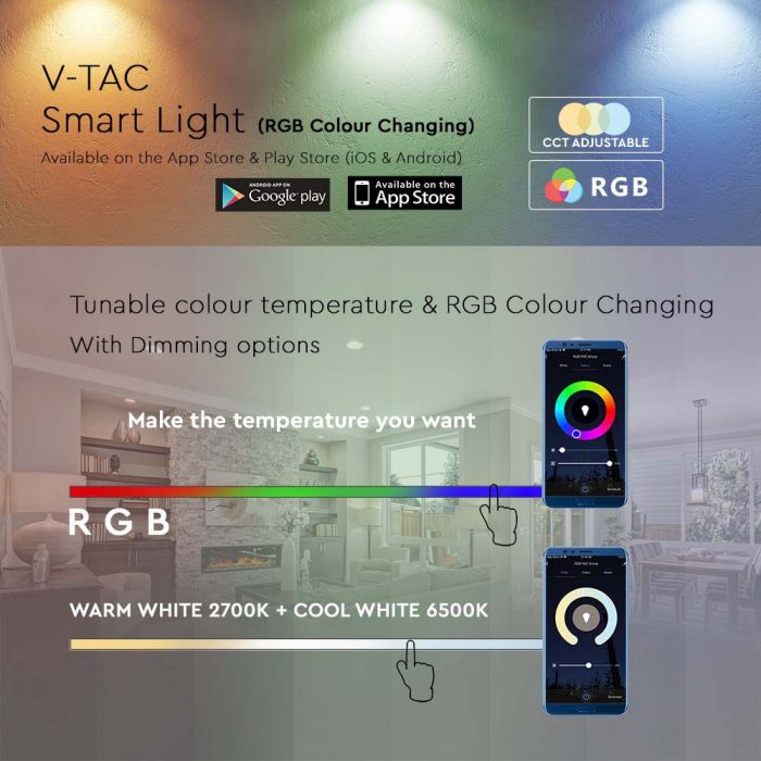E27 11W(1055Lm) LED SMART Bulb A60, V-TAC, совместима с приложениями Amazon Alexa и Google Home, RGB+WW+CW