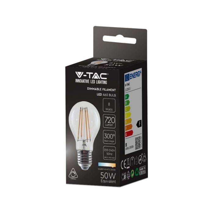 E27 8W(720Lm) LED Filament Glödlampa, V-TAC, A60, IP20, dimbar, varmvitt ljus 3000K