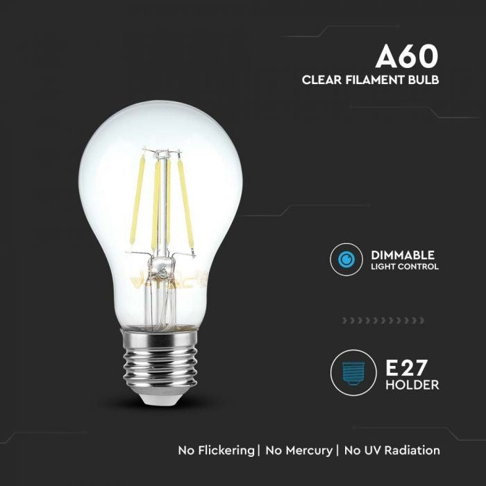 E27 8W(720Lm) LED hõõglamp, V-TAC, A60, IP20, timmitav, soe valge valgus 3000K