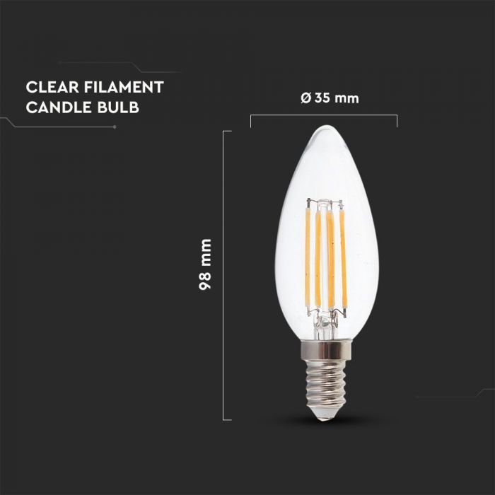 E14 6W(800Lm) LED Filament, форма свечи, V-TAC, IP20, холодный белый 6500K