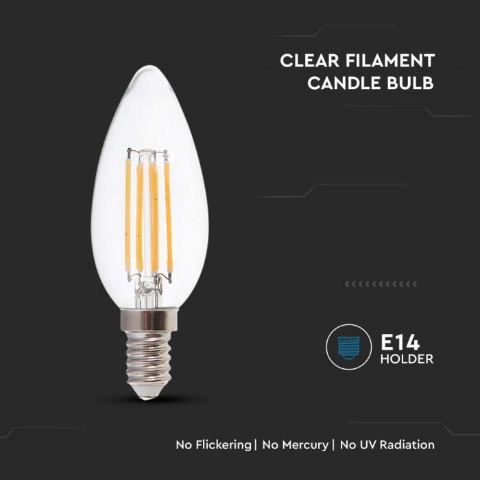 E14 6W(800Lm) LED Filament, форма свечи, V-TAC, IP20, холодный белый 6500K