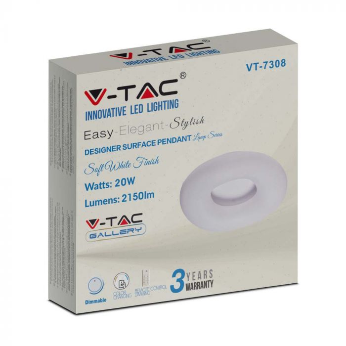 Круглый купольный светильник 22W (2150Lm) LED V-TAC с дистанционным управлением, 3IN1, V-TAC, белый, квадратный, IP20, диммируемый, гарантия 3 года