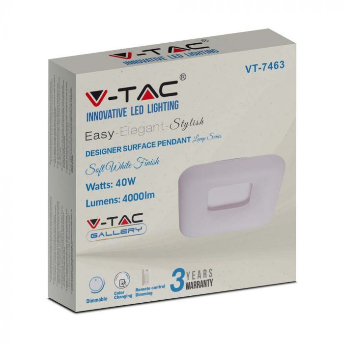 40W (4000Lm) LED V-TAC design square dome light with remote control, 3IN1, V-TAC, white, square, IP20, dimmable, warranty 3 years