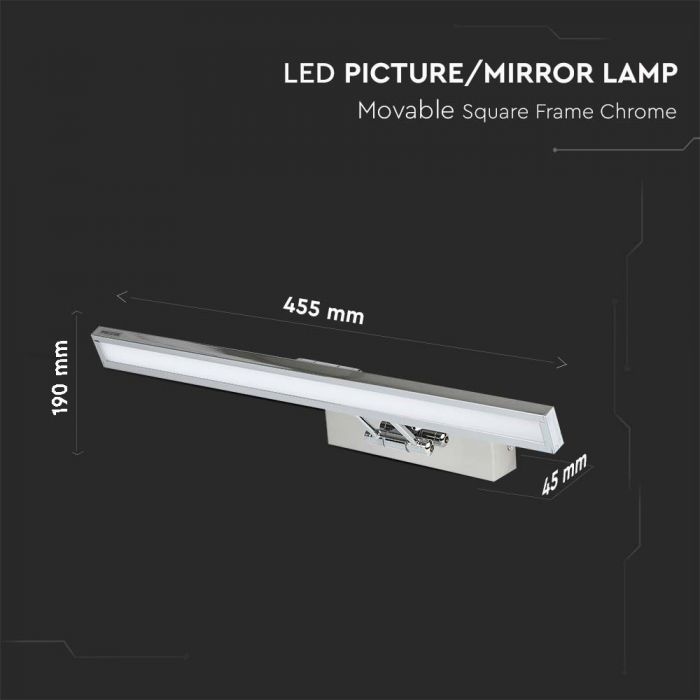 8W(380Lm) LED Spoguļa gaismeklis 45.5cm, V-TAC, IP20, hroma, silti balta gaisma 3000K