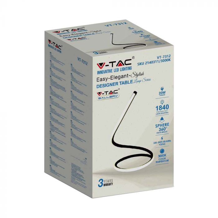 20W(1840Lm) LED-bordslampa, V-TAC, IP20, svart, varmvitt ljus 3000K