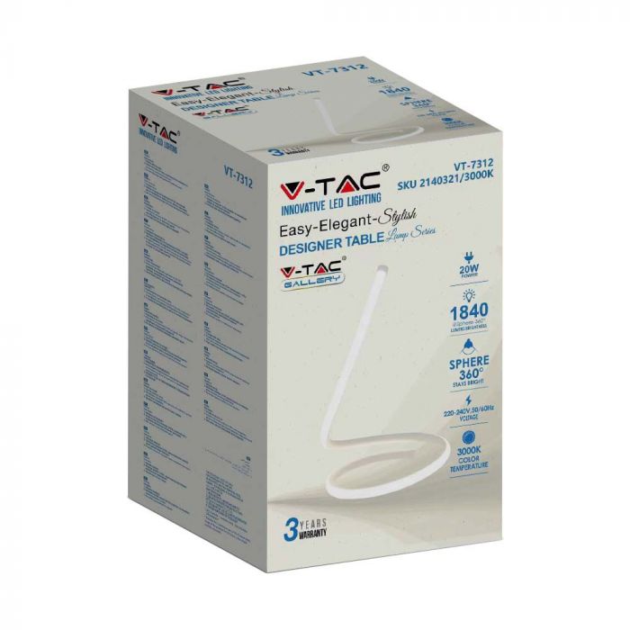 20W(1840Lm) LED dizaina galda lampa, V-TAC, IP20, balta, silti balta gaisma 3000K