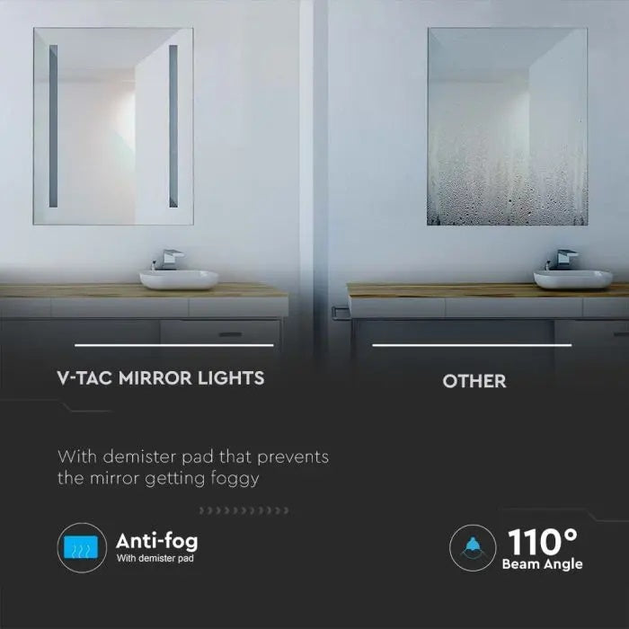 42W(100Lm) Bathroom mirror with integrated LED luminaire, V-TAC, rectangular, chrome-plated, 800x600x35mm IP44, with anti-glare surface, cool white light 6400K