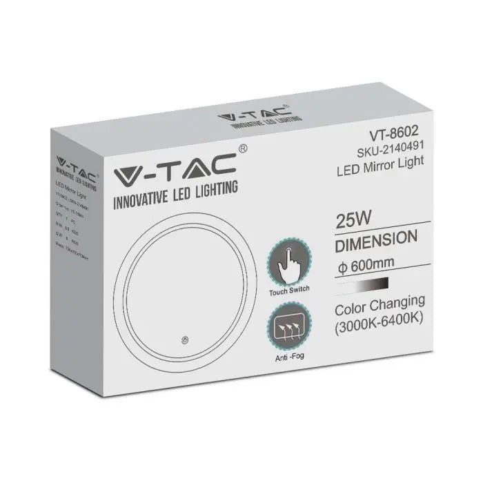 25W(85Lm) Vannitoa peegel integreeritud LED valgustiga, V-TAC, ümmargune, kroomitud, puutetundliku lülitiga, 600x35mm IP44, pimestusvastase pinnaga, 3in1