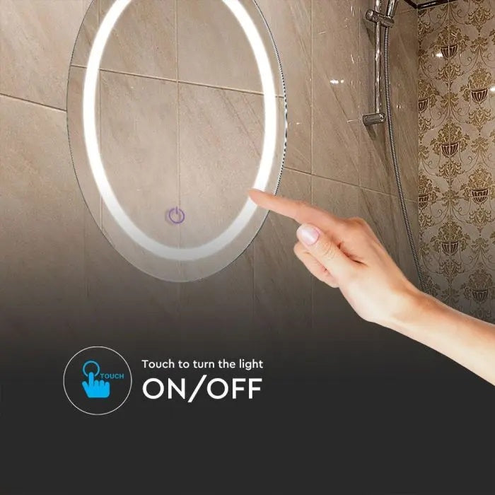 25W(85Lm)  Vannasistabas spogulis ar iebūvētu LED gaismekli, V-TAC, apaļš, hromēts, ar skārienjūtīgu slēdzi, 600x35mm IP44, ar pretaizsvīšanas virsmu, 3in1