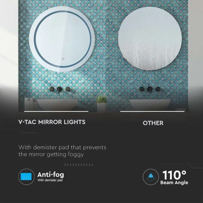 25W(85Lm) Bathroom mirror with integrated LED luminaire, V-TAC, round, chrome-plated, with touch switch, 600x35mm IP44, with anti-glare surface, 3in1