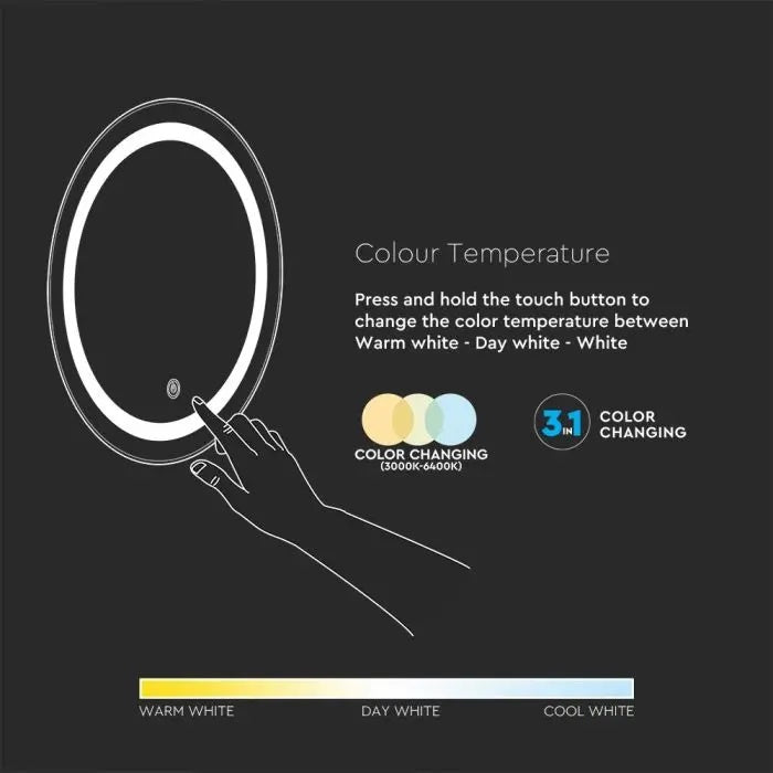 25W(85Lm) Bathroom mirror with integrated LED luminaire, V-TAC, round, chrome-plated, with touch switch, 600x35mm IP44, with anti-glare surface, 3in1