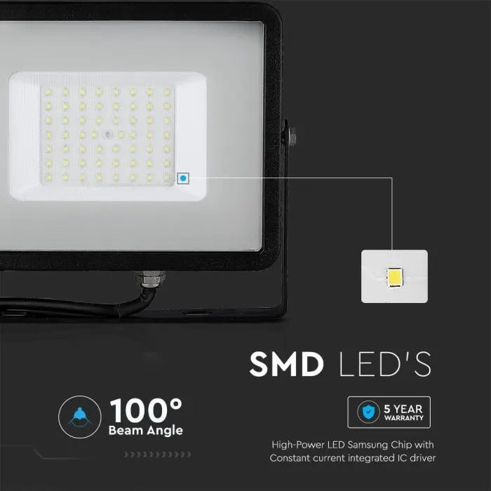 50W(4000Lm) LED Spotlight V-TAC SAMSUNG, IP65, warranty 5 years, white with white glass, neutral white light 4000K