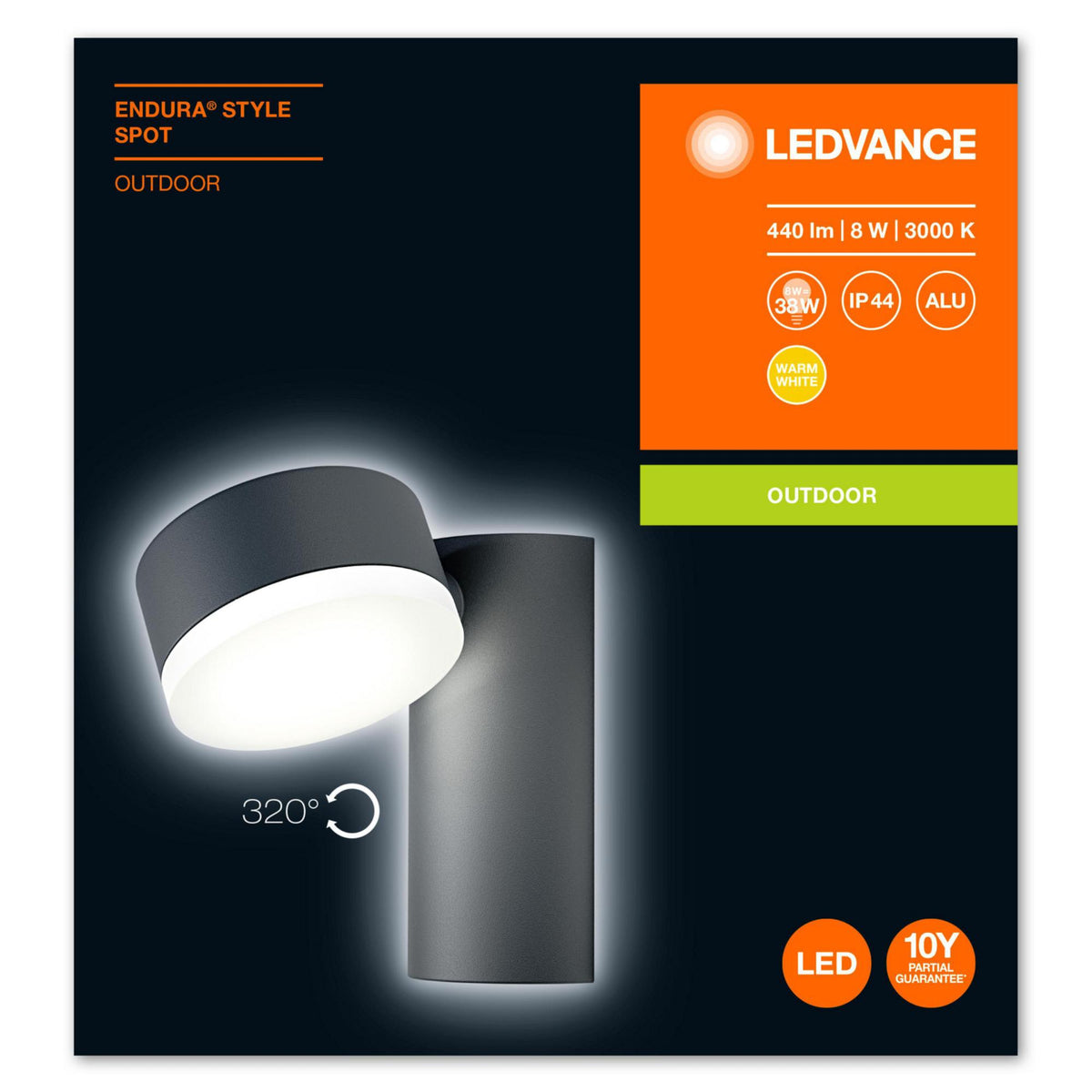 8W(440Lm) LEDVANCE LED fasadarmatur, IP44, grå, 5 års garanti, varmvit 3000K