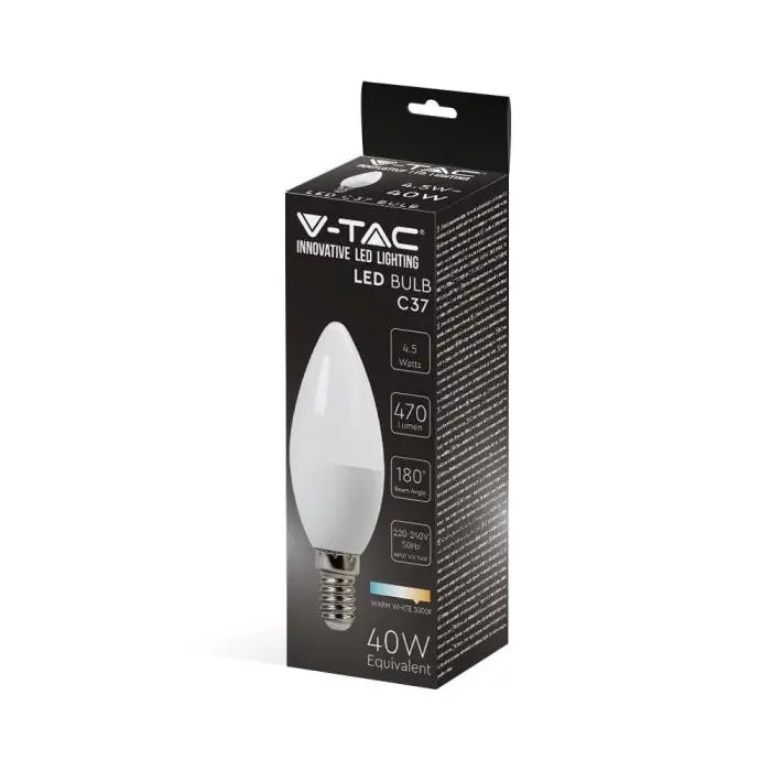 E14 4,5W (470Lm) LED-lampa, V-TAC, IP20, ljusformad, varmvitt ljus 3000K