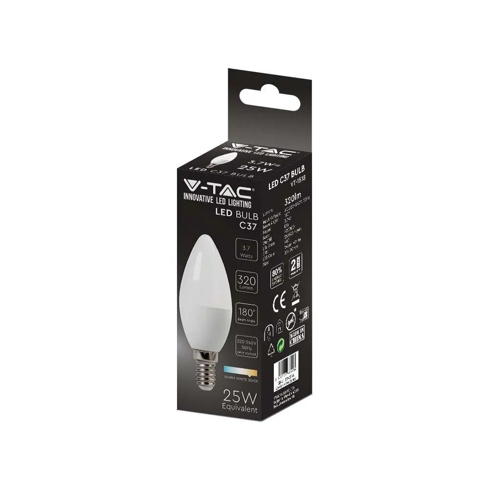 E14 3.7W(320Lm) LED-pirn, küünlakujuline, V-TAC, IP20, jaheda valge 6500K