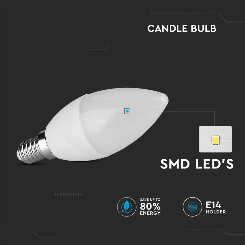 E14 3.7W(320Lm) LED Spuldze, sveces forma, V-TAC, IP20, auksti balta gaisma 6500K