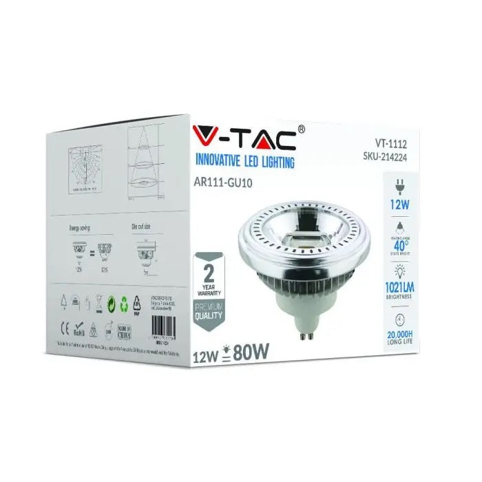 AR111 12W(1031Lm) LED Spuldze, V-TAC, GU10, IP20, dimmējama, silti balta gaisma 3000K