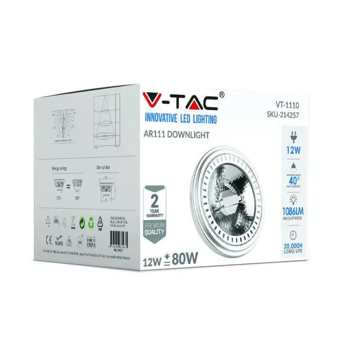 AR111 12W(1049Lm) LED-lampa, V-TAC, GX53, IP20, 12V, varmvitt ljus 3000K