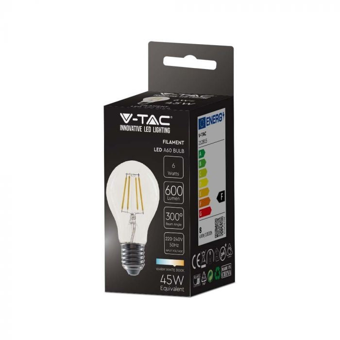 E27 6W(600Lm) LED Filament Bulb, A60, IP20, V-TAC, warm white light 3000K