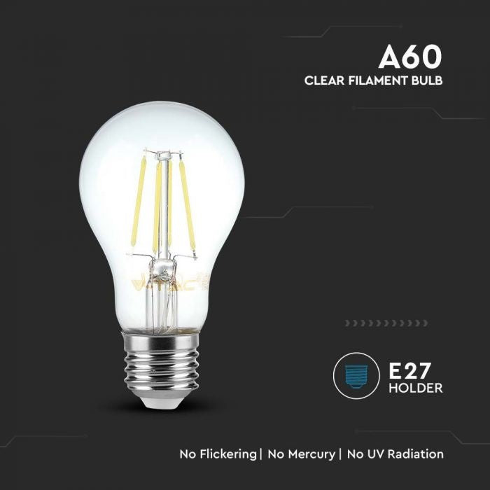 E27 6W(600Lm) LED Filament Spuldze, A60, IP20, V-TAC, silti balta gaisma 3000K