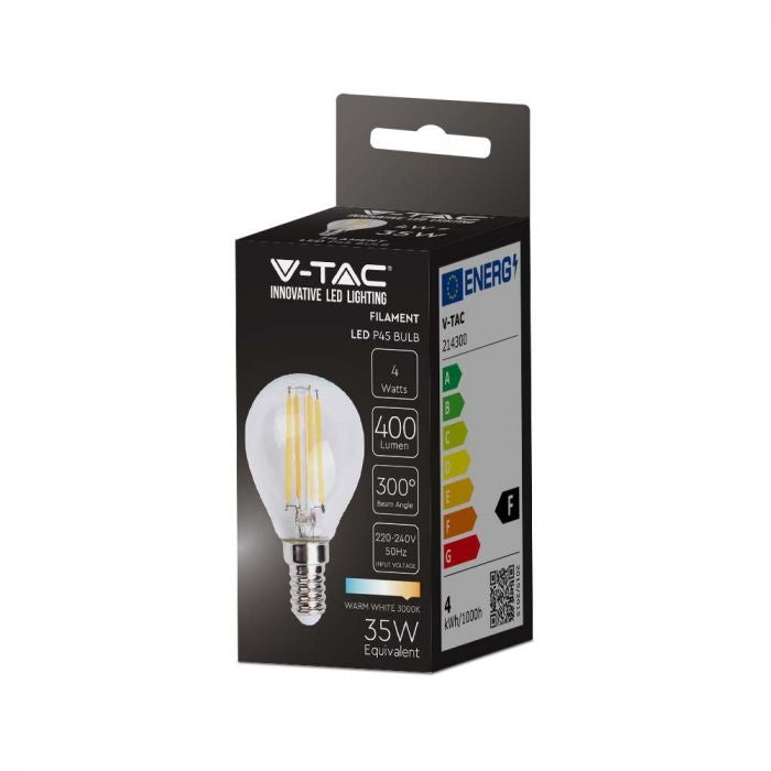 E14 4W(400Lm) LED Spuldze Filament, P45, V-TAC, IP20, silti balta gaisma 3000K