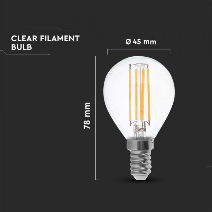 E14 4W(400Lm) LED Spuldze Filament, P45, V-TAC, IP20, silti balta gaisma 3000K