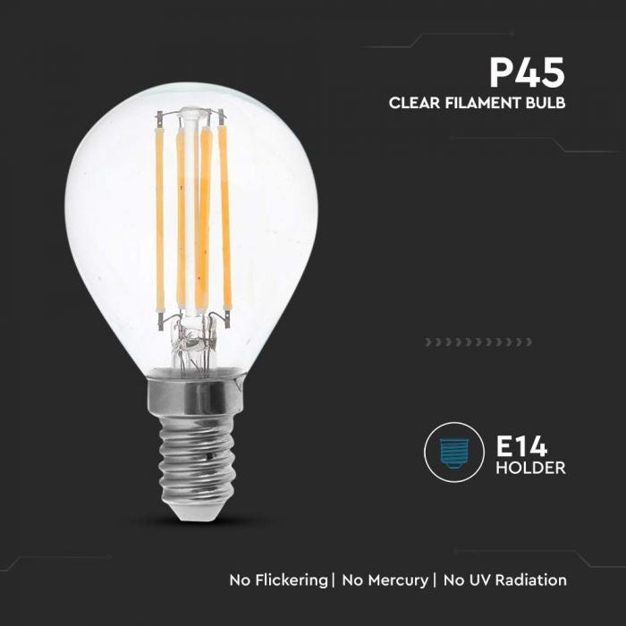 E14 4W(400Lm) LED Spuldze Filament, P45, V-TAC, IP20, silti balta gaisma 3000K