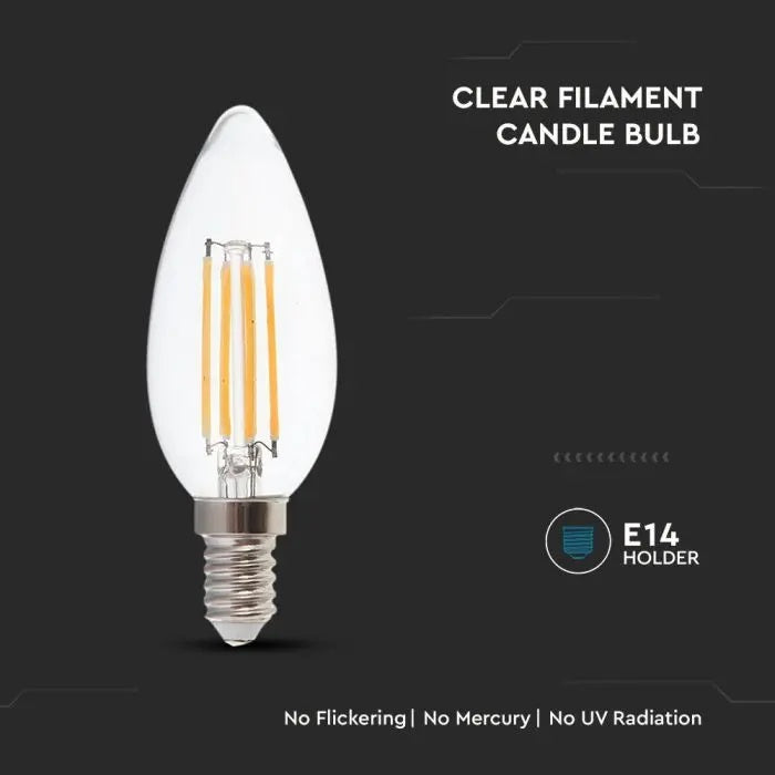 E14 4W(400Lm) LED Filament, форма свечи, V-TAC, IP20, теплый белый свет 3000K