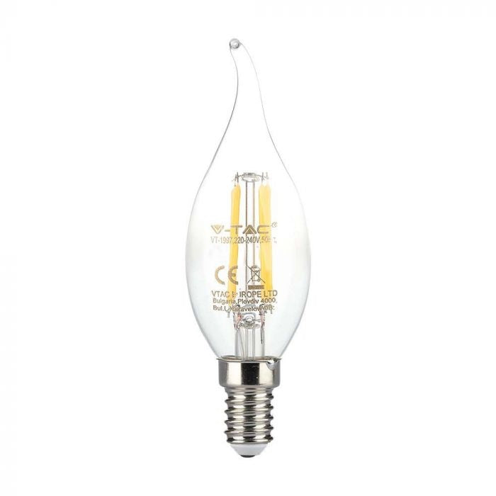 E14 4W(400Lm) LED Filament Bulb, IP20, стекло, форма свечи, V-TAC, теплый белый свет 3000K