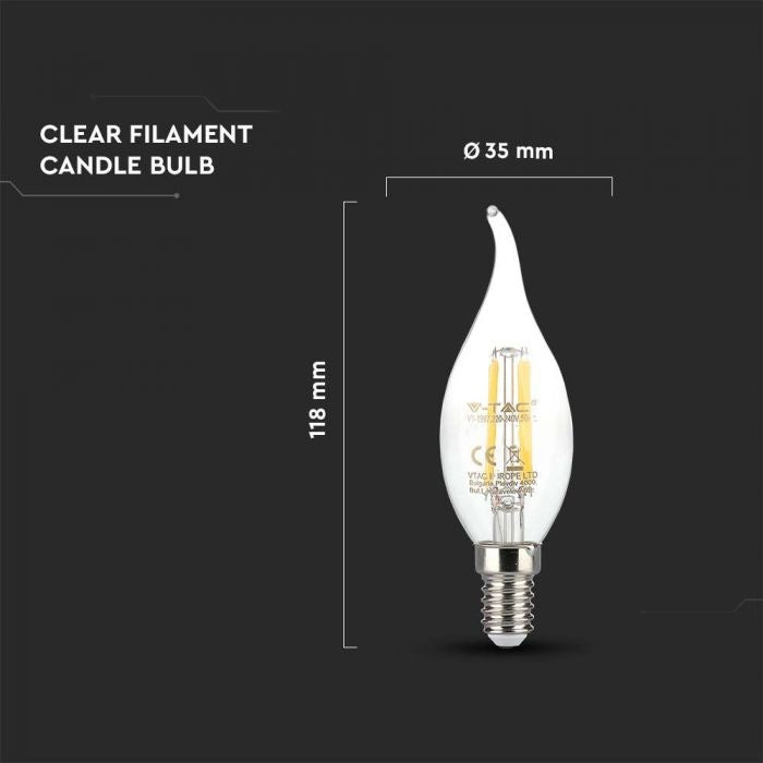 E14 4W(400Lm) LED Filament Bulb, IP20, glass, candle shape, V-TAC, warm white light 3000K