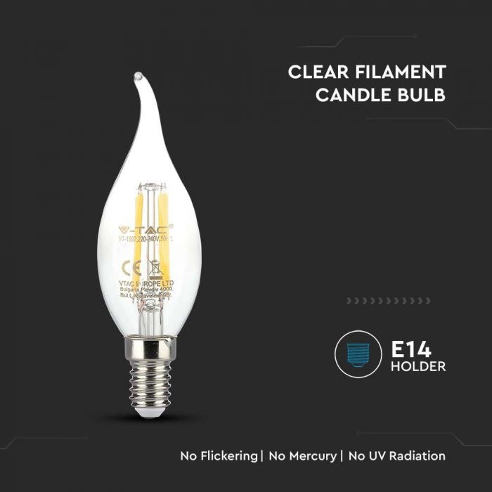 E14 4W(400Lm) LED Filament Bulb, IP20, стекло, форма свечи, V-TAC, теплый белый свет 3000K