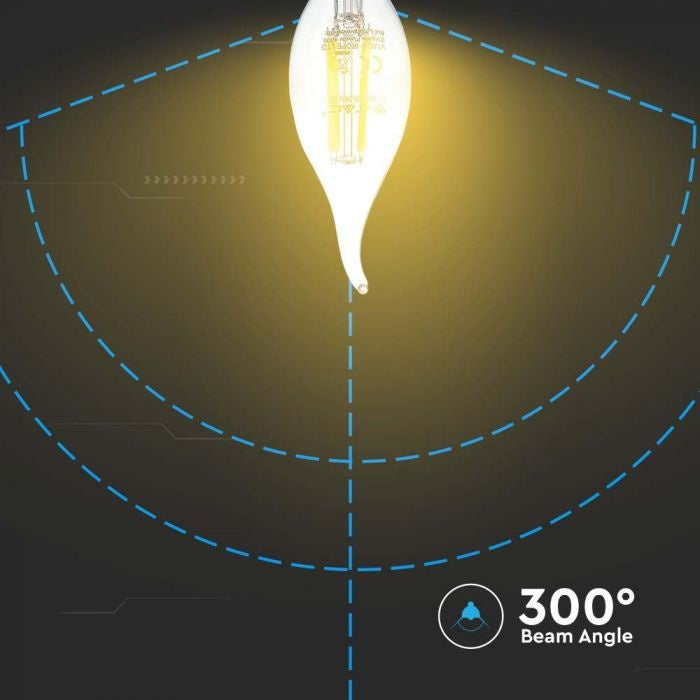 E14 4W(400Lm) LED Filament Bulb, IP20, glass, candle shape, V-TAC, warm white light 3000K