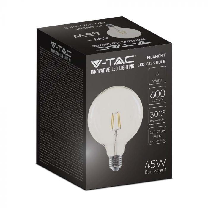 E27 6W(600Lm) LED Filament Bulb, G125, V-TAC, IP20, warm white light 3000K