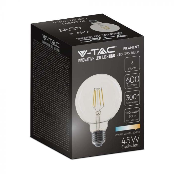 6W (600Lm) LED hõõglamp, V-TAC, G95, IP20, soe valge valgus 3000K