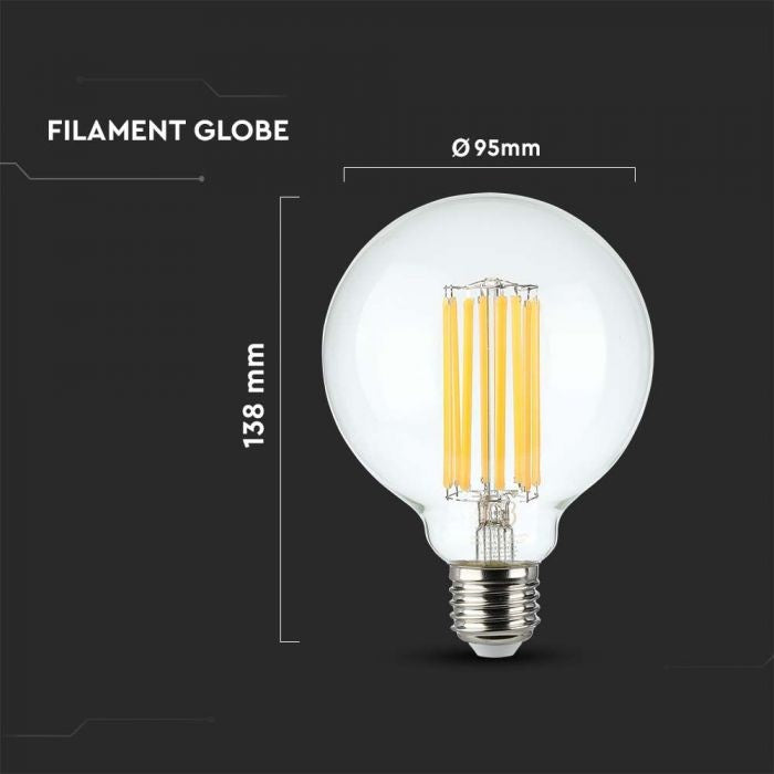 6W(600Lm) LED Filament Spuldze, V-TAC, G95, IP20, silti balta gaisma 3000K