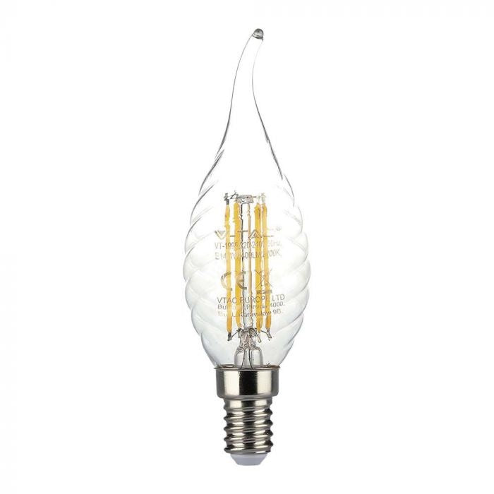 E14 4W(400Lm) LED Filament Bulb, IP20, стекло, рифленое, форма свечи, V-TAC, нейтральный белый свет 4000K