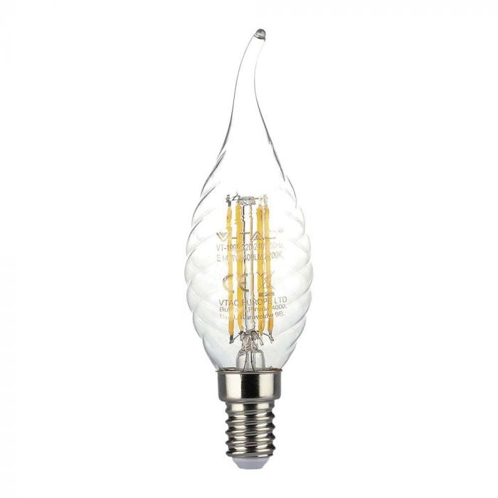 E14 4W(400Lm) LED Filament Spuldze, IP20, stikla, rievota, sveces forma, V-TAC, auksti balta gaisma 6500K