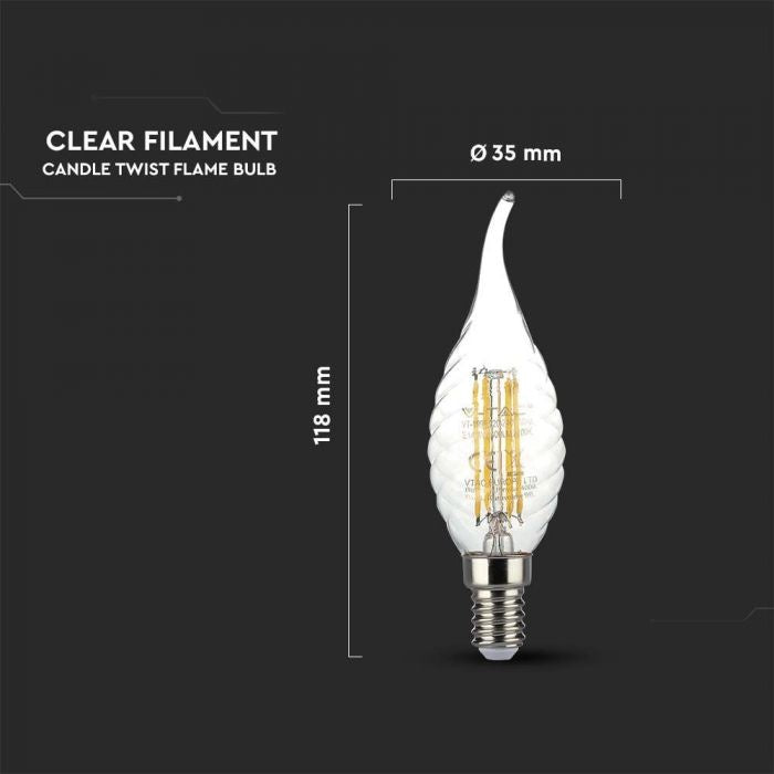 E14 4W(400Lm) LED Filament Bulb, IP20, стекло, рифленое, форма свечи, V-TAC, теплый белый свет 3000K