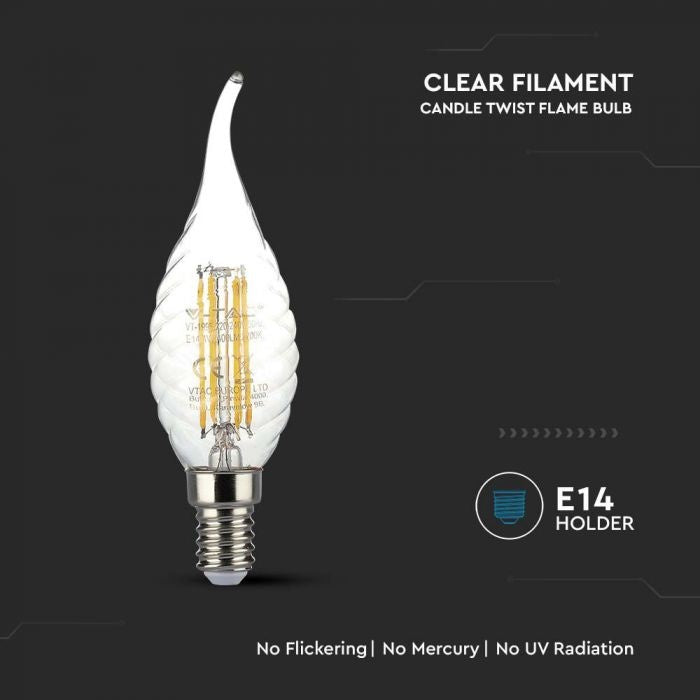 E14 4W(400Lm) LED Filament Bulb, IP20, стекло, рифленое, форма свечи, V-TAC, теплый белый свет 3000K