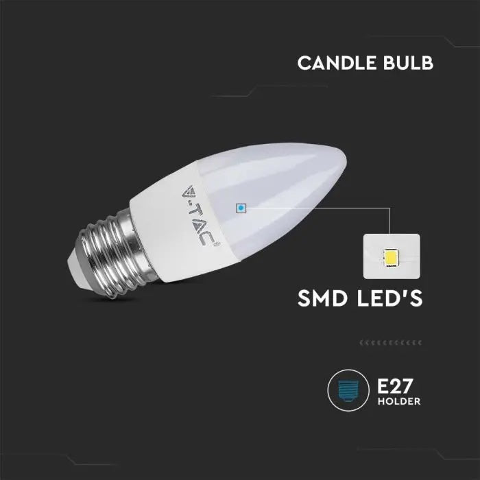 E27 4.5W(470Lm) LED-pirn, IP20, küünlakujuline, V-TAC, soe valge valgus 3000K