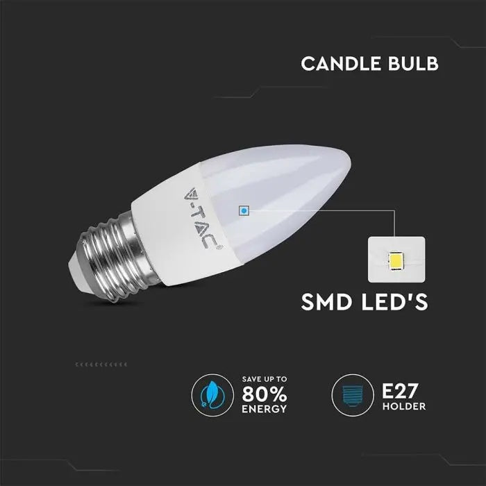 E27 4.5W(470Lm) LED-lambi, küünlakujuline, V-TAC, IP20, jaheda valge 6500K