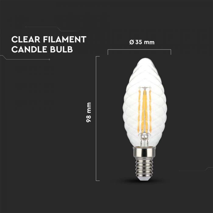 E14 4W(400Lm) LED Bulb Filament Candle, V-TAC, IP20, dimmable, warm white light 3000K