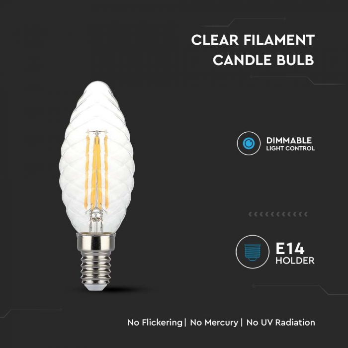 E14 4W(400Lm) LED Bulb Filament Candle, V-TAC, IP20, dimmable, warm white light 3000K