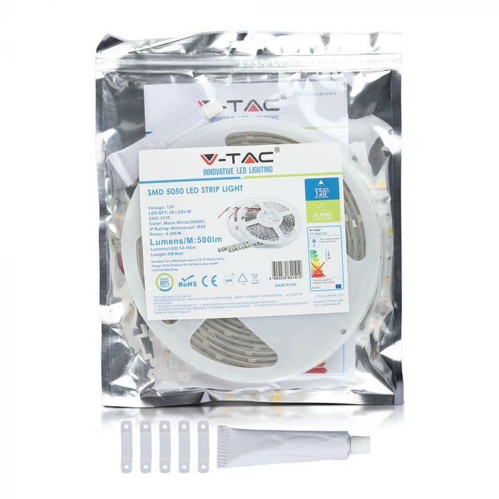 Цена на 5m_4.8W(420Lm) светодиодная лента, 30 диодов SMD5050, водонепроницаемый IP65, V-TAC, холодный белый свет 6000K